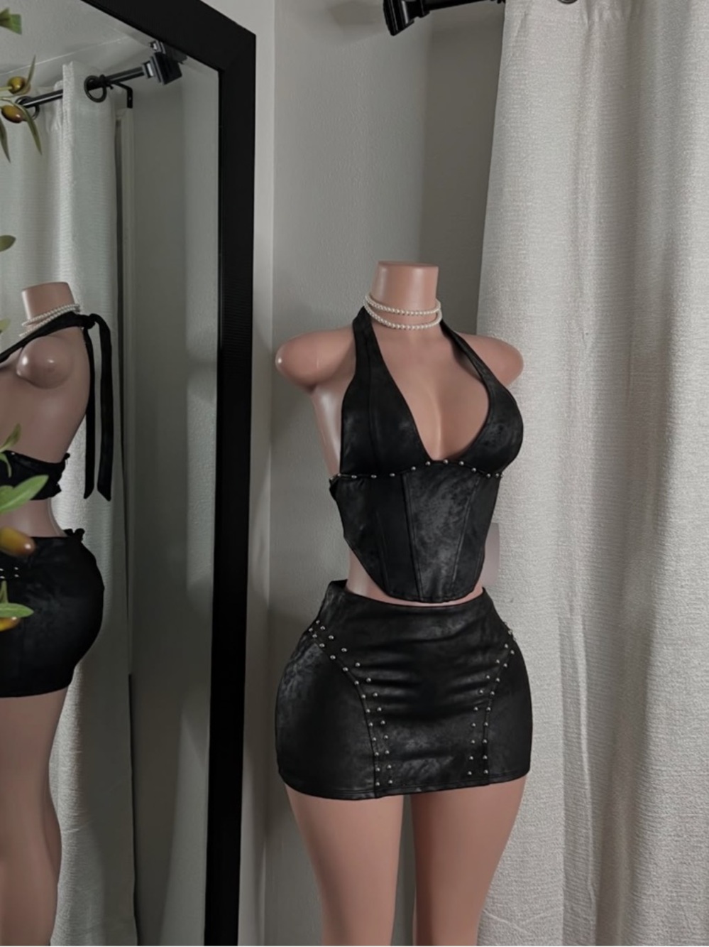 Black Faux Leather Studded Two-Piece Mini Set - Picture 2 of 2